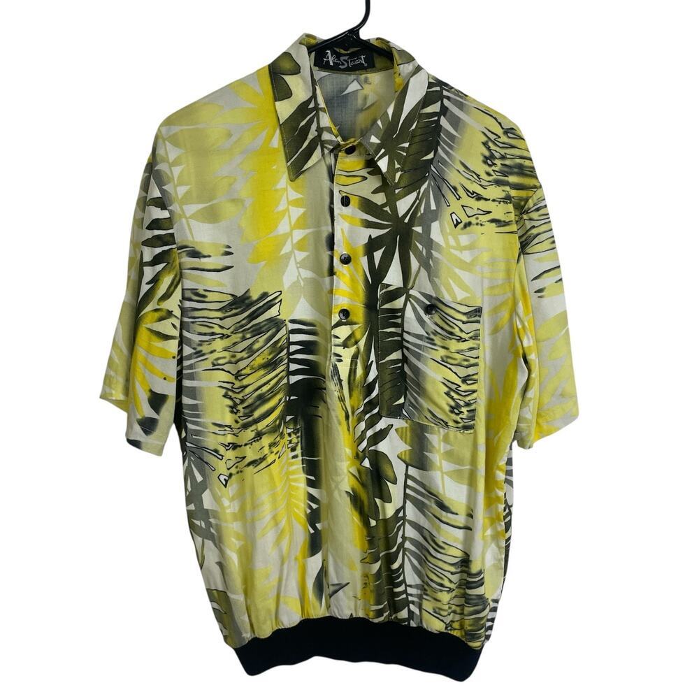 Alan Stuart Shirt Mens Medium Yellow Abstract Art Pullover Short Sleeve Banded